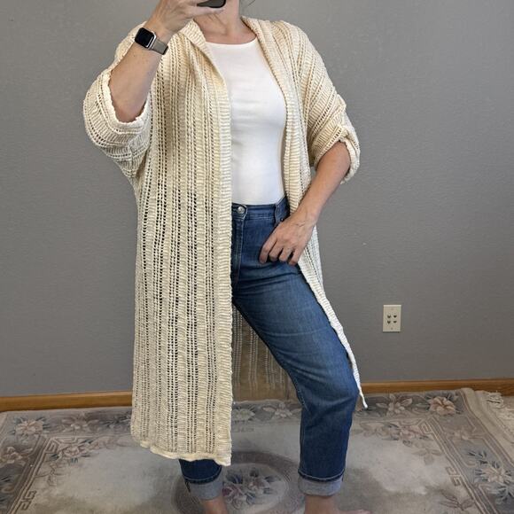 American Eagle Womens Crochet Duster Cardigan Sweater Jacket Size M Ivory Cotton - Picture 1 of 8
